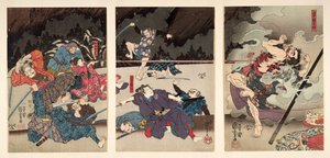 S.216-1955 The Death of Yamanaka Dankuro, triptyk (treblokktrykk) av Utagawa Kuniyoshi